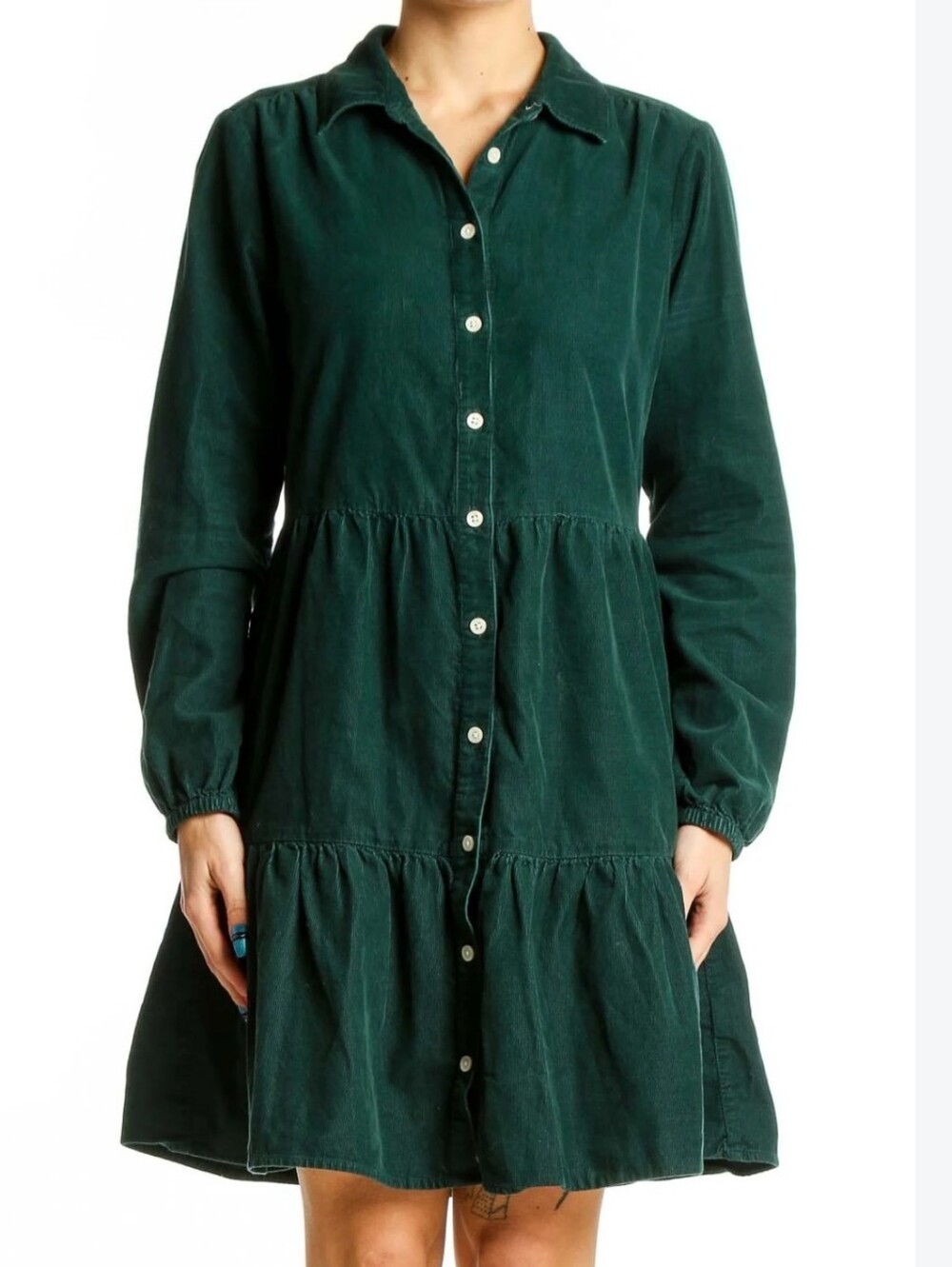 J.Crew Tiered Corduroy Button Front Mini Shirt Dress Forest Green Women's 14
